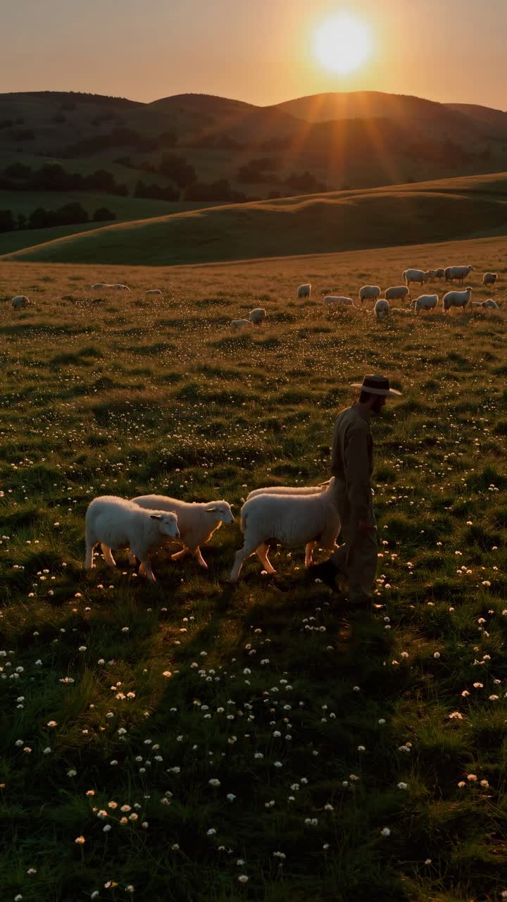 Una scena video serena di un pastore con le pecore al tramonto, ripresa da una bassa angolazione