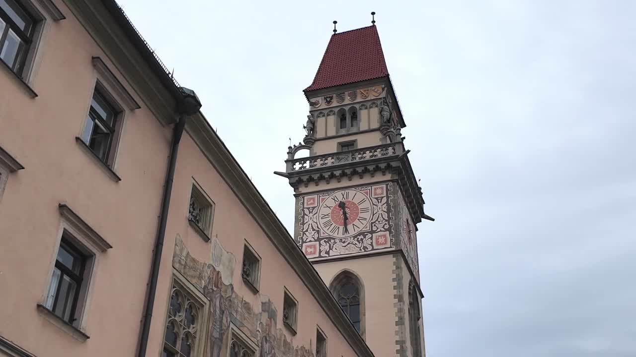 Passau town hall building with clock tower and bells, Germany
