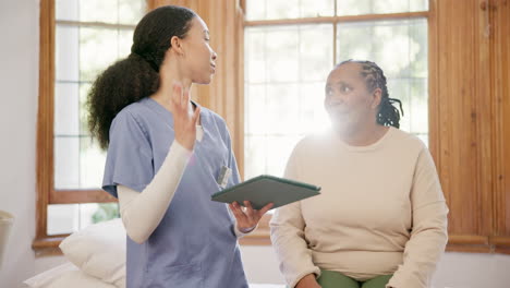 home, elderly woman and nurse with a tablet