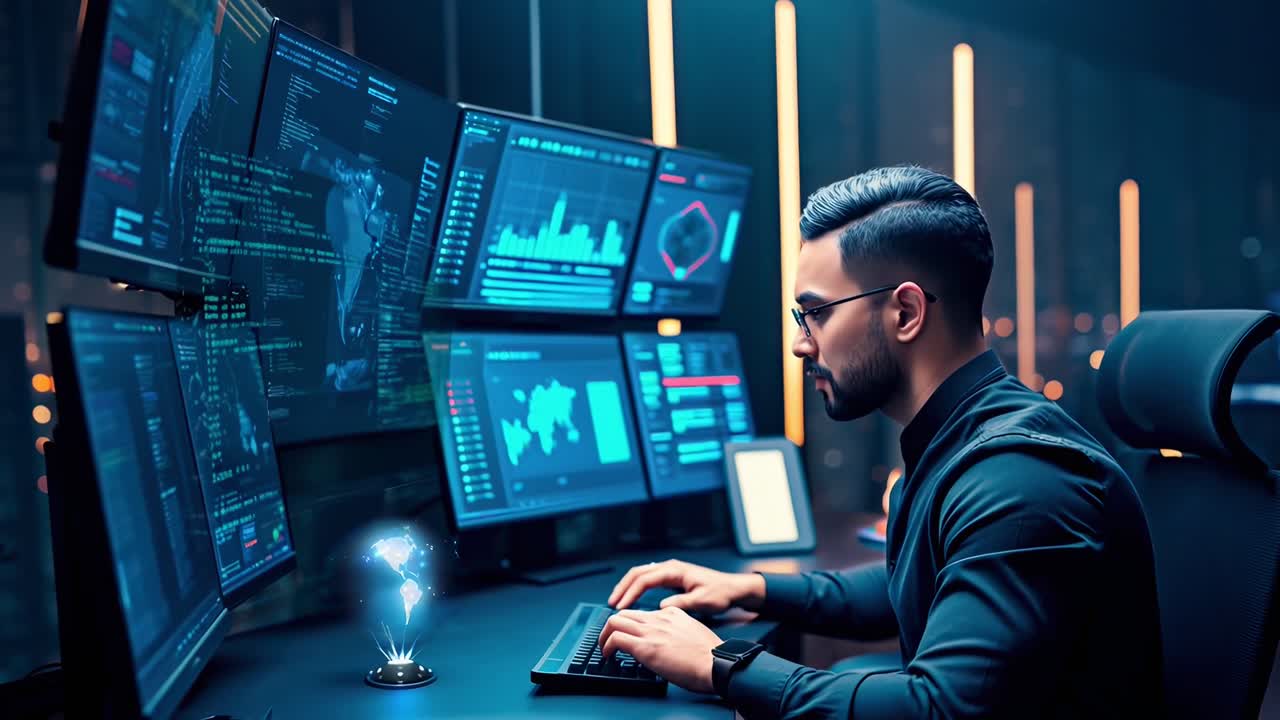 A man in a dark room monitors multiple screens. Side angle shot, tech video concept