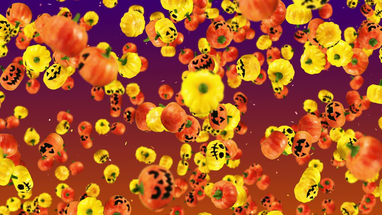 많은 오렌지색과 노란색의 호박을 날아다니며, 그라디언트 배경, 미소로 만화 얼굴, 할로윈 휴가에 대한 3d 애니메이션, 루프 애니메이션.