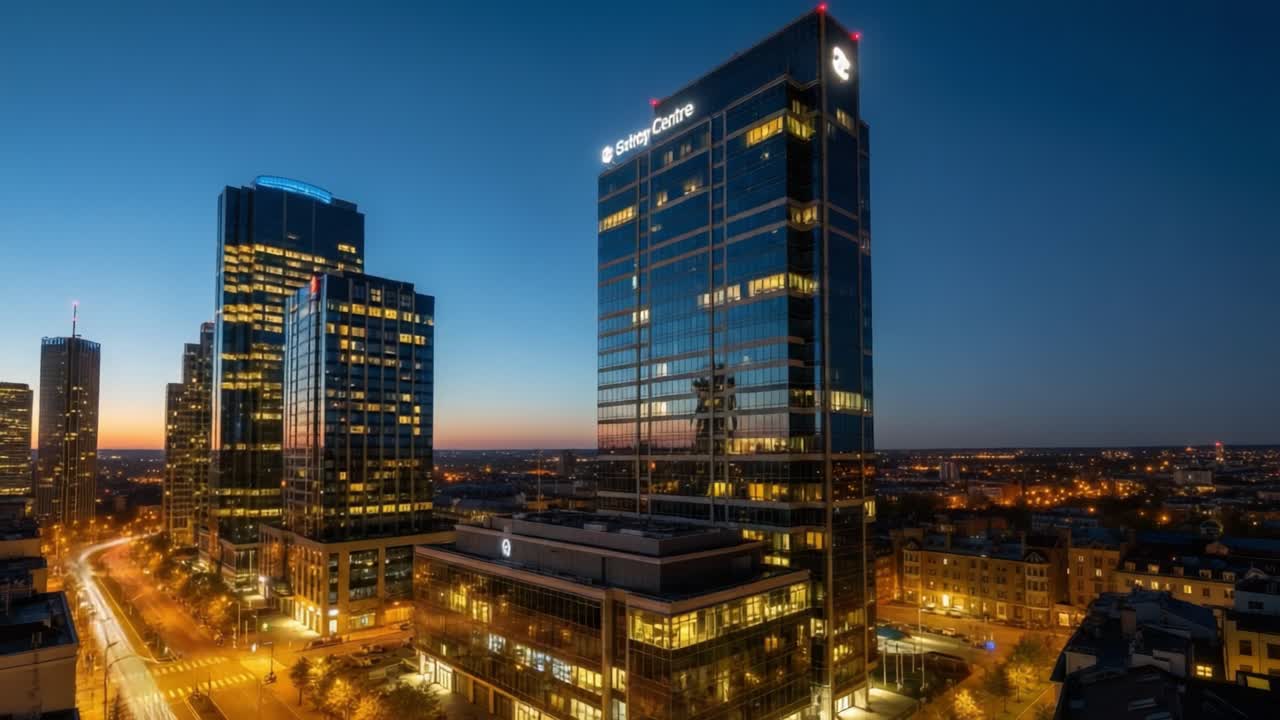 Illuminated Skyscrapers and City Skyline at Dusk