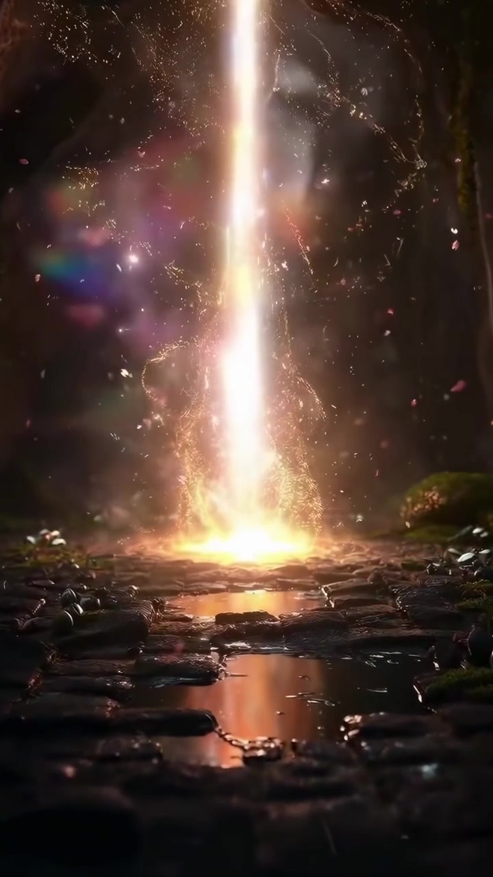 Raggio di luce magico che scende su un sentiero buio nella foresta