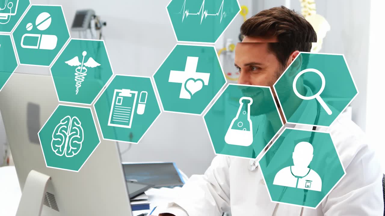 백인 의 의사 가 컴퓨터 에서 환자 기록 을 확인 하고 있는 여섯각형 의 아이콘 의 애니메이션