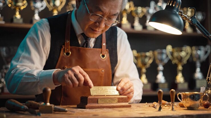 Craftsman Engraving a Plaque with Precision and Care in a Workshop Surrounded by Trophies and Tools, Showcasing the Art of Award Personalization with Skill