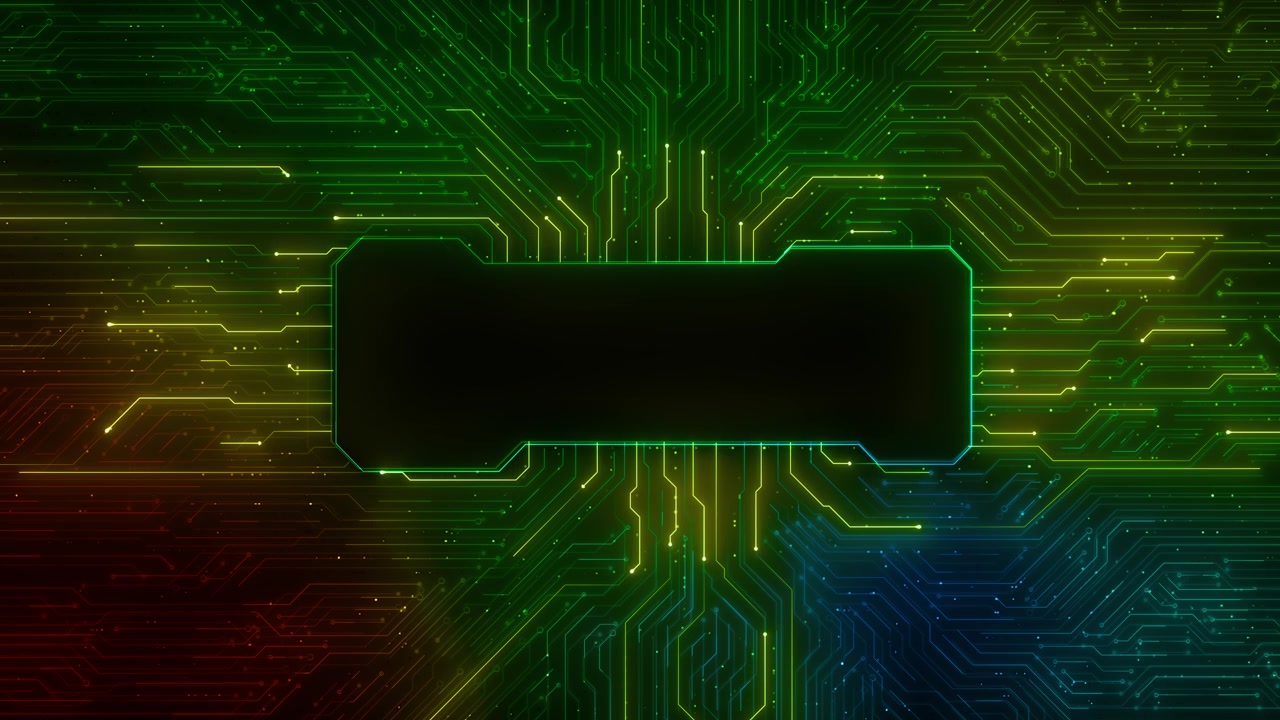 Neon motherboard title panel visual with green circuitry glowing center space colorful electronic