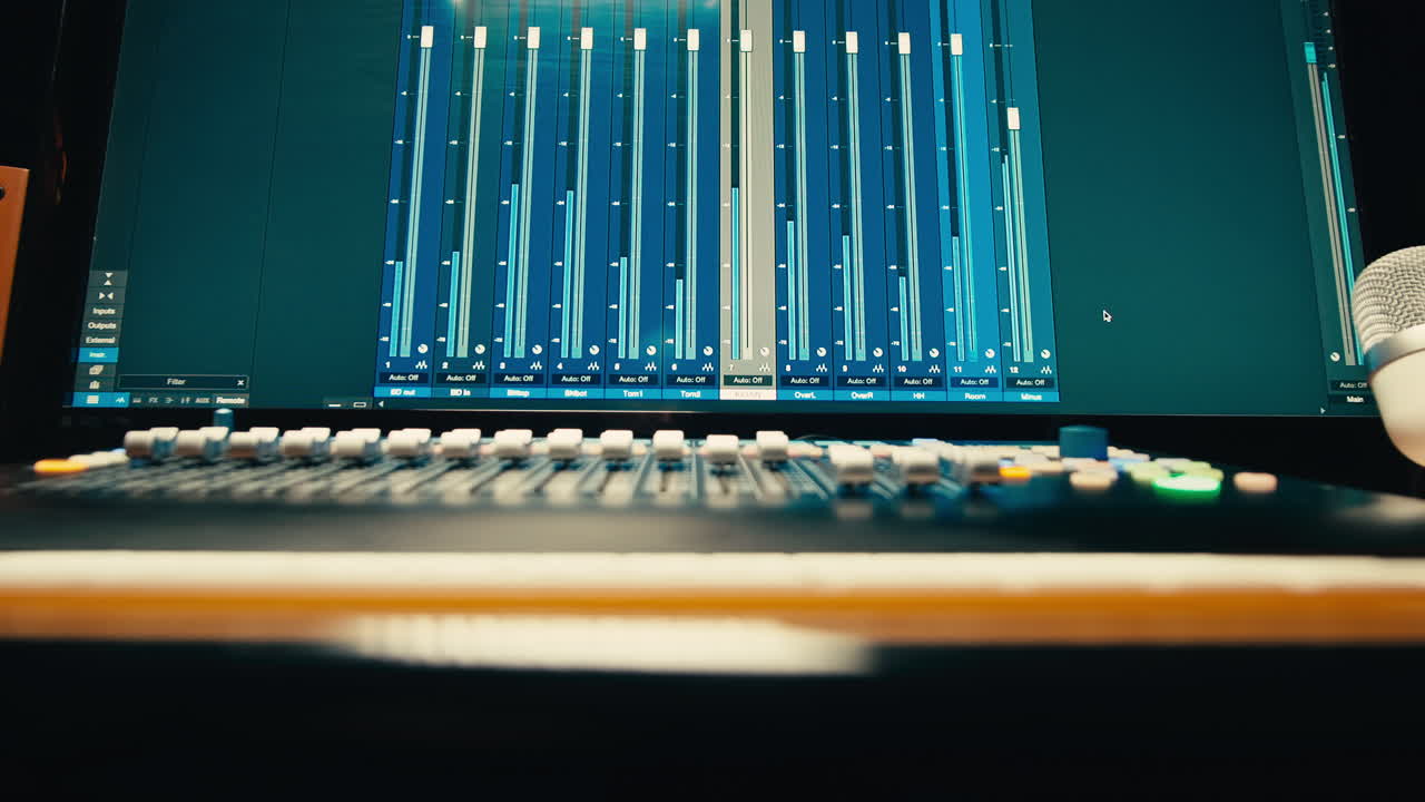 스튜디오에서 음악을 만드는 사운드 엔지니어, 라디오 방송 스튜디오에서 일하는 아시아 인기 dj 또는 녹음 스튜디오, 리허설, 오디오 프로덕션에서 일하는 음악 프로듀서.