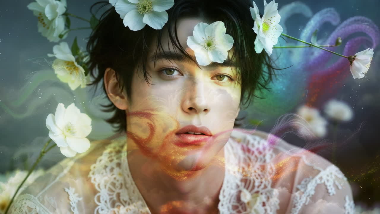 Ethereal Male Portrait with Flowers and Dreamlike Aura