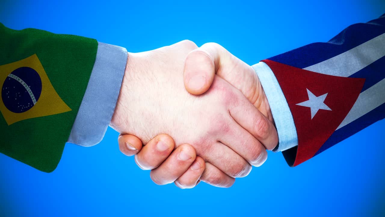 animación conceptual de apretón de manos entre brasil y cuba sobre países y política con el canal matte
