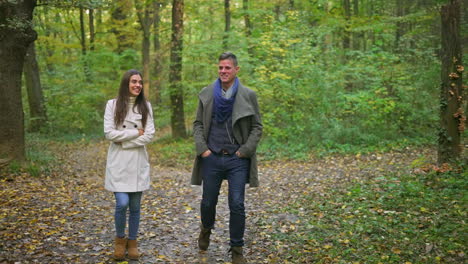 couple walking in the forest in autumn