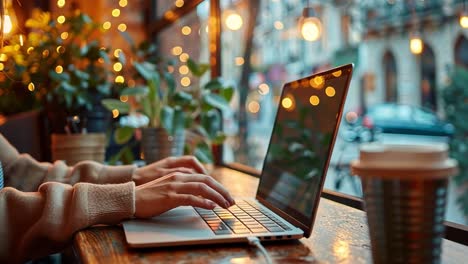 person working on a laptop in a cozy cafe