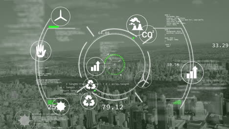 animación de escaneo de alcance y procesamiento de datos sobre el paisaje urbano