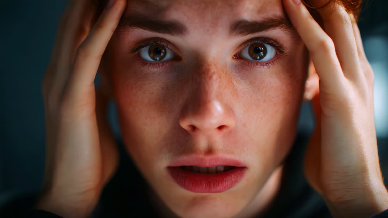 A Young Man's Expression of Distress and Anxiety as He Struggles to Cope with Overwhelming Thoughts or Feelings Captured in a Dramatic Close-Up