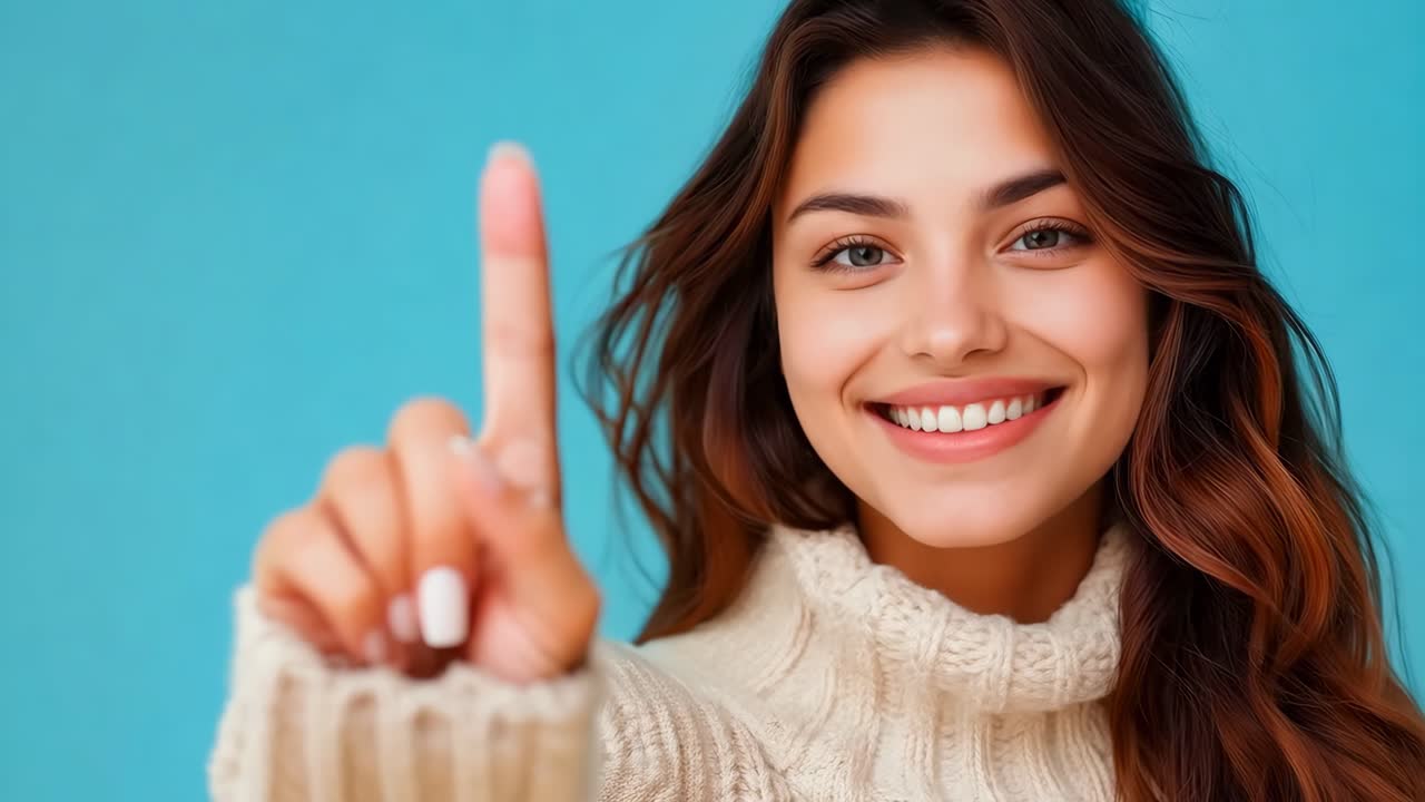 una mujer apuntando a la cámara con el dedo hacia arriba