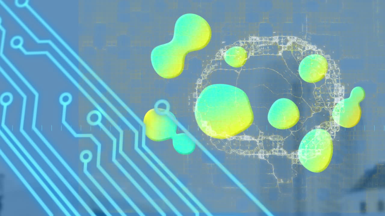 컴퓨터 회로판, 블롭 및 뇌가 파란색 배경에 회전하는 애니메이션