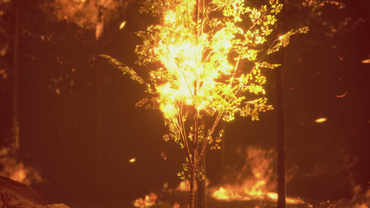 Fire engulfs a tree in a forest during a wildfire at dusk