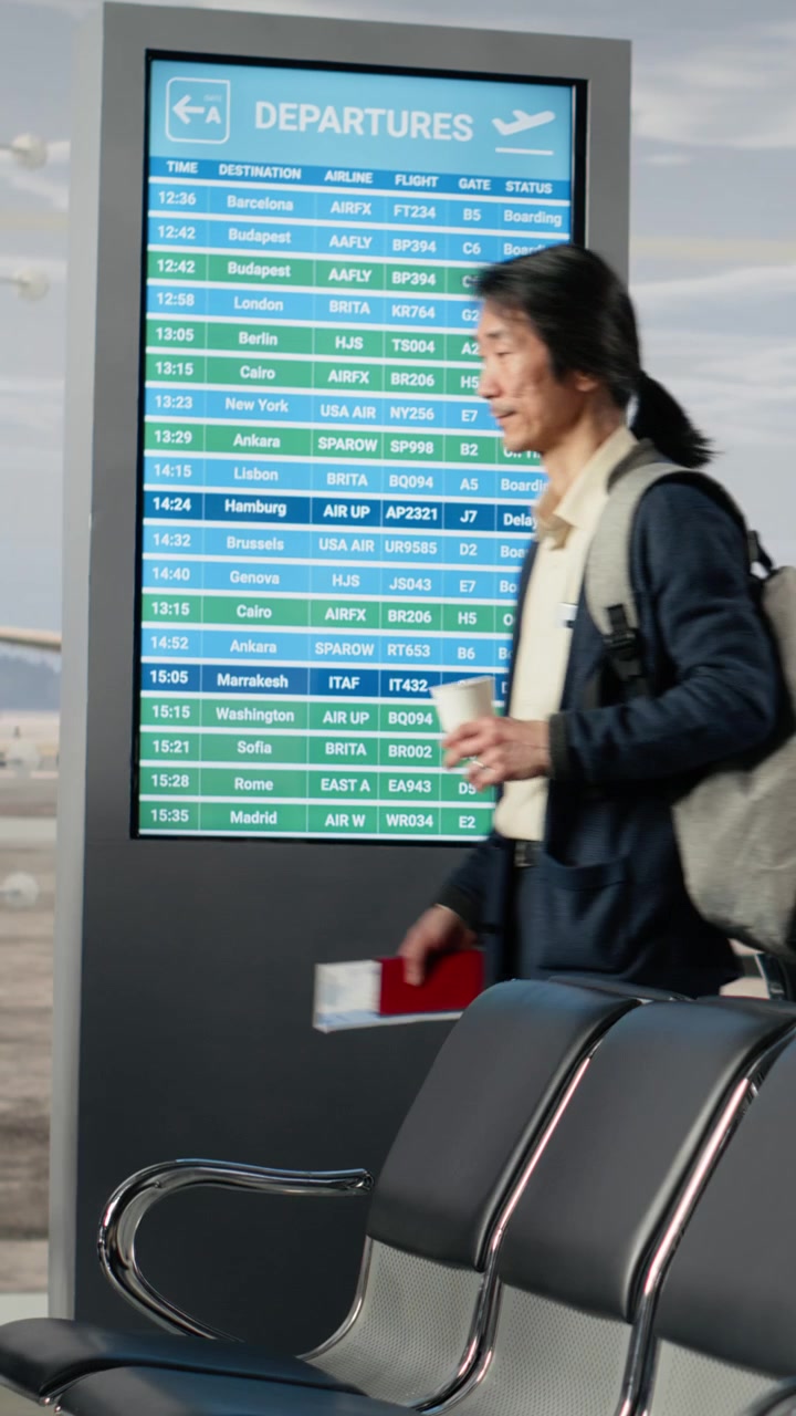 Pasajeros consultando información de vuelos en un panel de salidas digital en el aeropuerto.