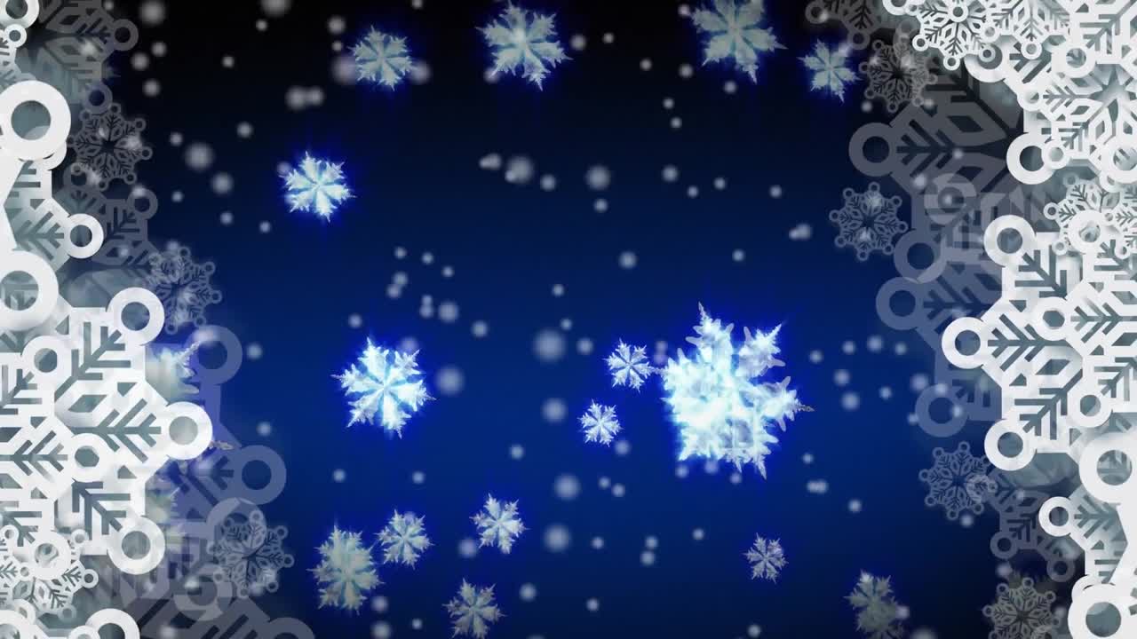 animación digital de copos de nieve flotando y manchas blancas cayendo contra un fondo azul