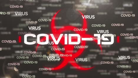 animation of falling multiple covid 19 text over warning sign on black background