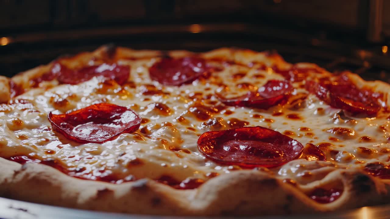 Video ravvicinato di una pizza ai peperoni che cuoce in forno, con formaggio fuso e croccante