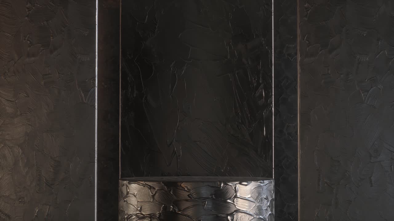 Black shiny cylinder stand with acrylic paint in studio 3d render animation