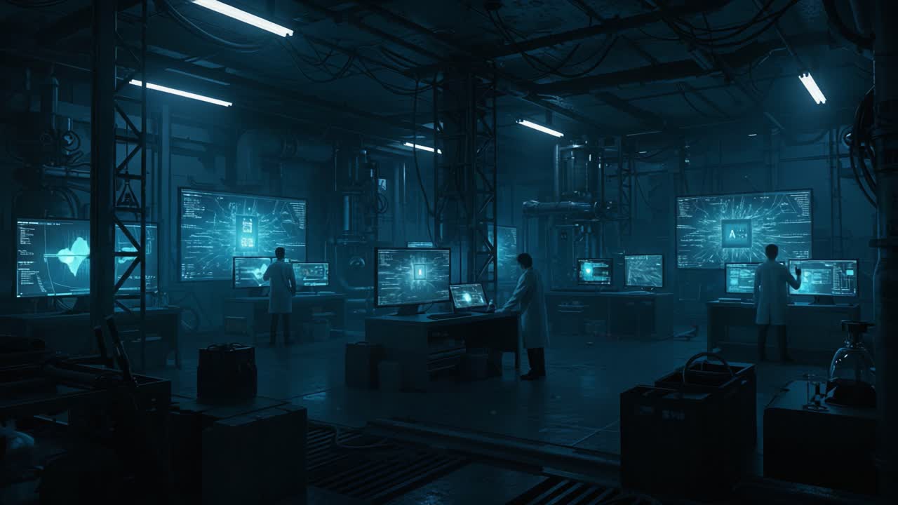 In a dimly lit futuristic research lab, scientists analyze complex data on advanced screens while immersed in a world of technology and innovation