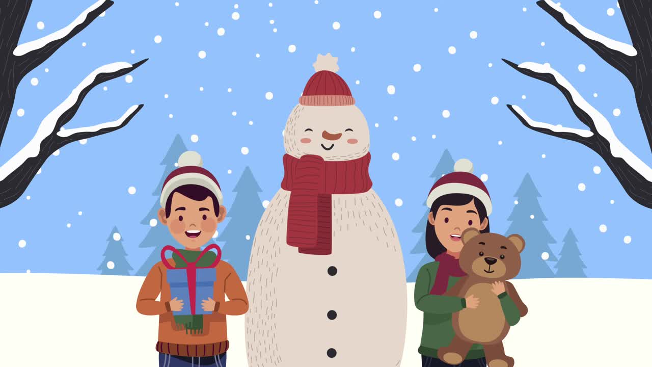 merry christmas animation with snowman and couple
