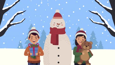 merry christmas animation with snowman and couple