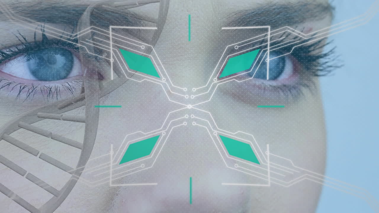 animazione di forme e filamenti di dna sopra gli occhi di una donna caucasica