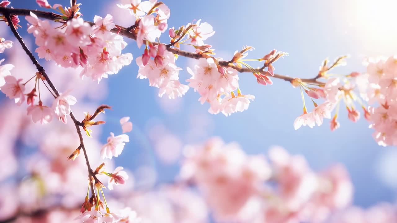 Close-up video shot of cherry blossoms against a clear blue sky, capturing spring's essence