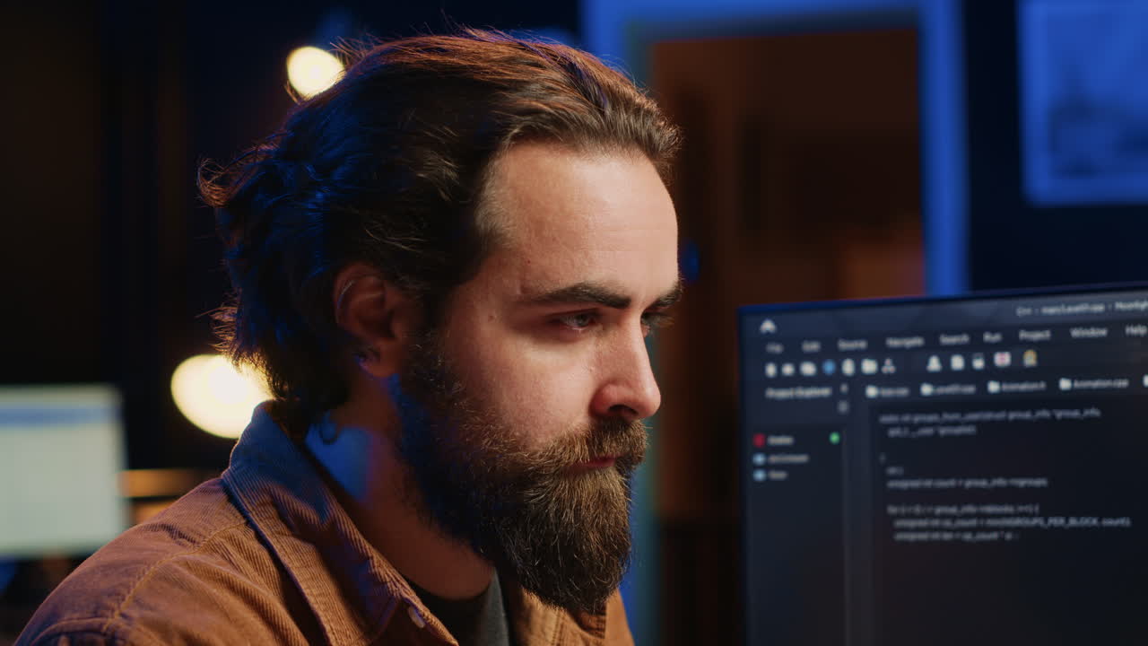 Focused software developer in home office doing coding on computer, close up