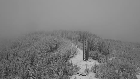 aerial shot of tall solitary tower 'buchkopfturm' standing amidst a dense forest of snow-covered trees. thick mist creating an atmosphere of isolation and serenity.