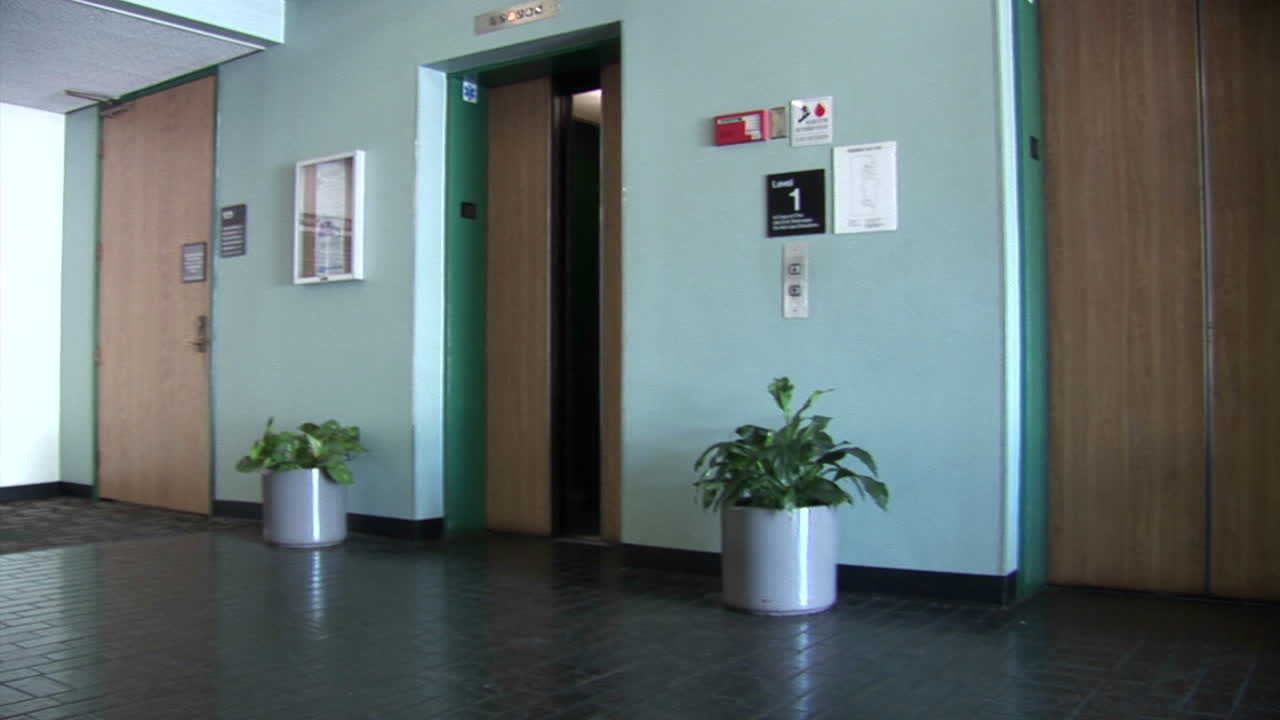 деловая женщина выходит из лифта, таща за собой ящик с бумагами