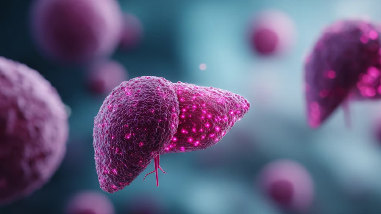 A Detailed Visualization of Healthy Liver Cells Illuminated with Vibrant Colors, Showcasing Their Structure and Function in a Microscale Biological Environment
