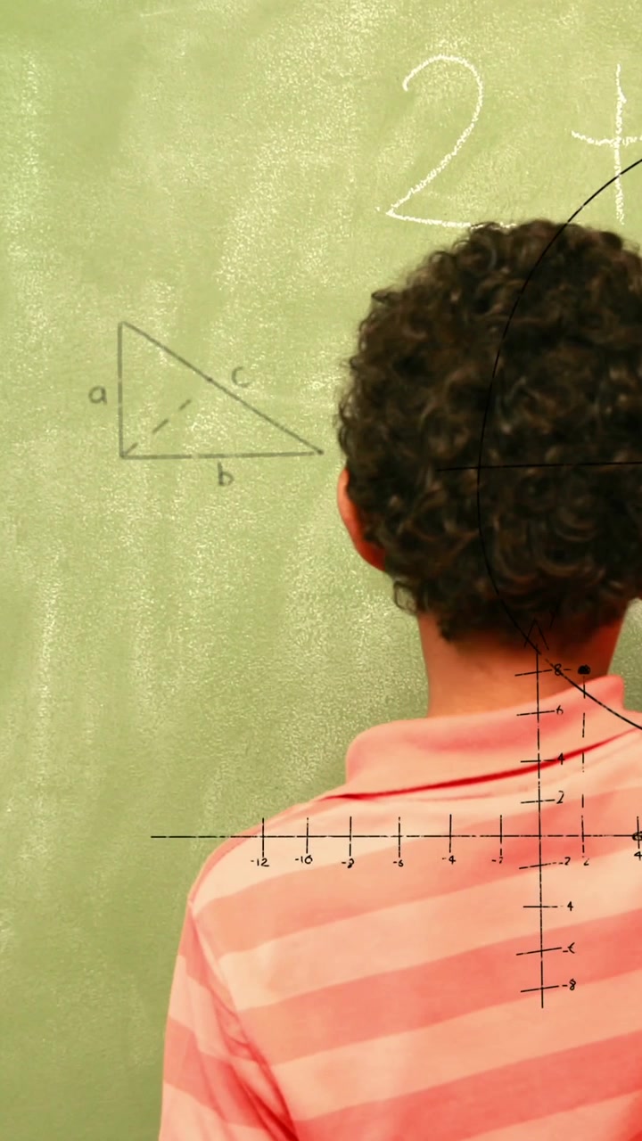 Animation of math formulas over back view of boy writing on black board