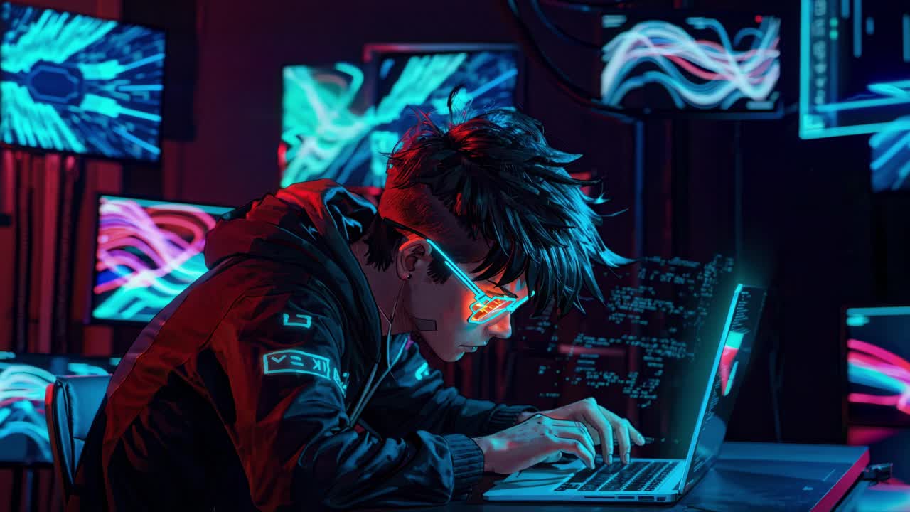 A cyberpunk coder is immersed in their work late at night, surrounded by a vibrant neon-lit atmosphere, engaged with their laptop