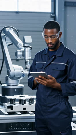 african american engineer operating tablet near robotic arm in factory