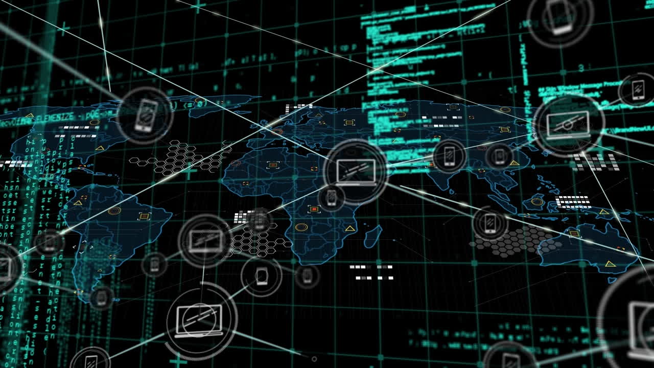 Animation of network of connections over world map and data processing