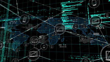 animation of network of connections over world map and data processing