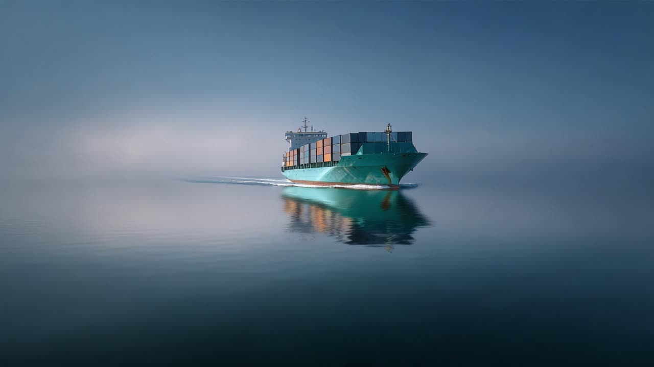 A Majestic Cargo Ship Traverses Tranquil Waters, Leaving a Reflection in the Misty Morning Light, Demonstrating the Serenity and Power of Maritime Transport