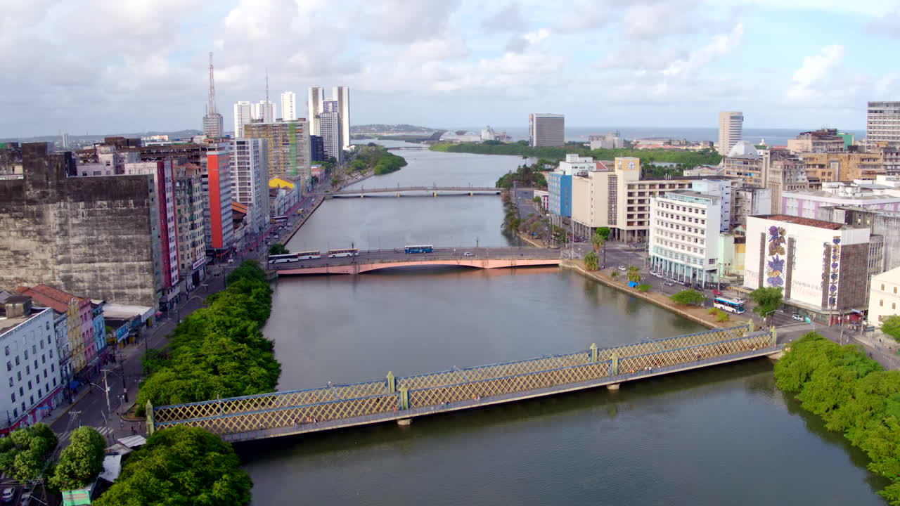 Panoramic aerial view of Recife Antigo showcasing its ancient bridges crossing the tranquil Capibaribe River.
