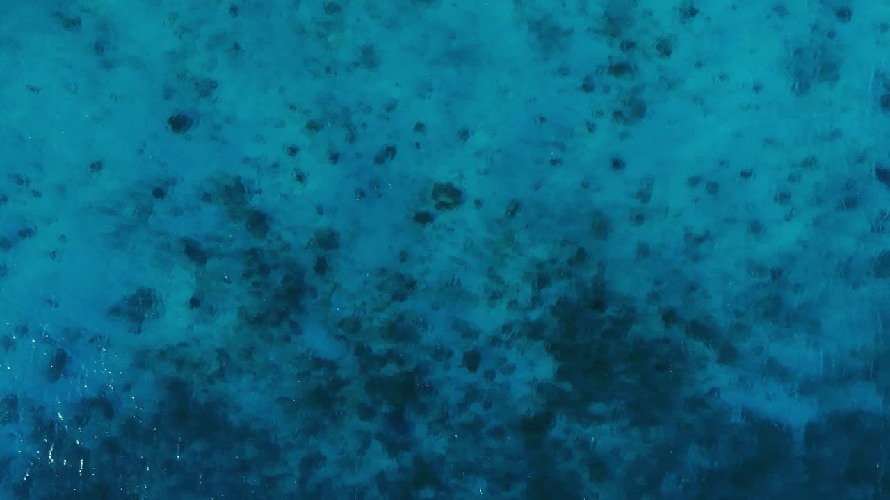 Krystalklart turkisblåt caribisk hav med dybt faldende koralrev, top-down panorering fra luften.