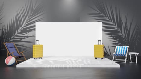 animación de renderización 3d del producto espacio de copia vacío con configuración de luz y concepto de viaje con portátil y maleta en fondo negro de playa de palmeras tropicales