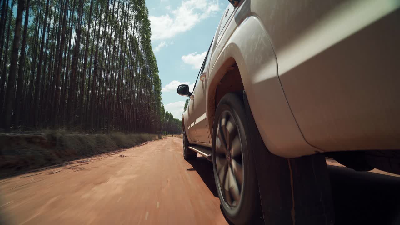 Low angle shot of back wheel driving on rough road between tall trees in dense forest, Brazil