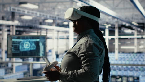 software developer in server room wearing vr goggles optimizing ai systems