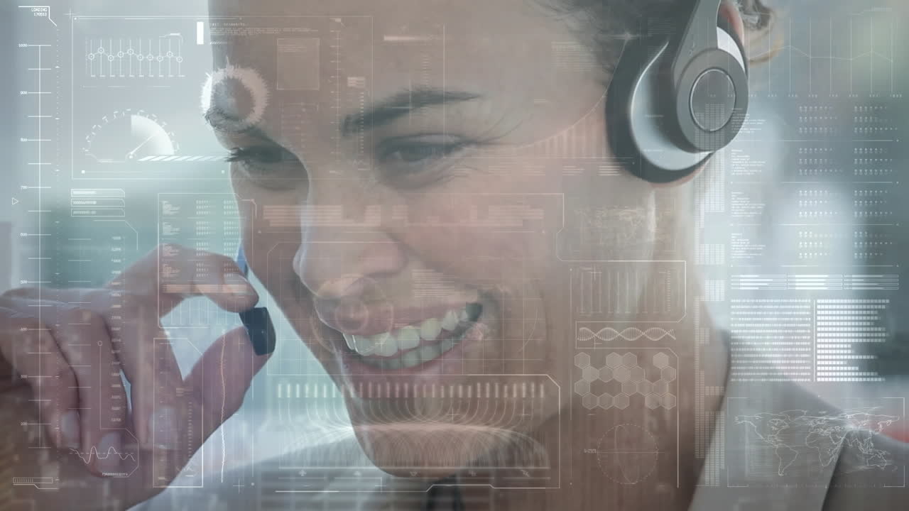 animación de la interfaz digital sobre personas de negocios que usan auriculares telefónicos