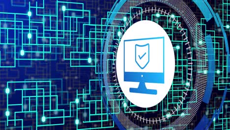 Animation-of-computer-circuit-board-with-data-processing-and-digital-icon-with-security-shield