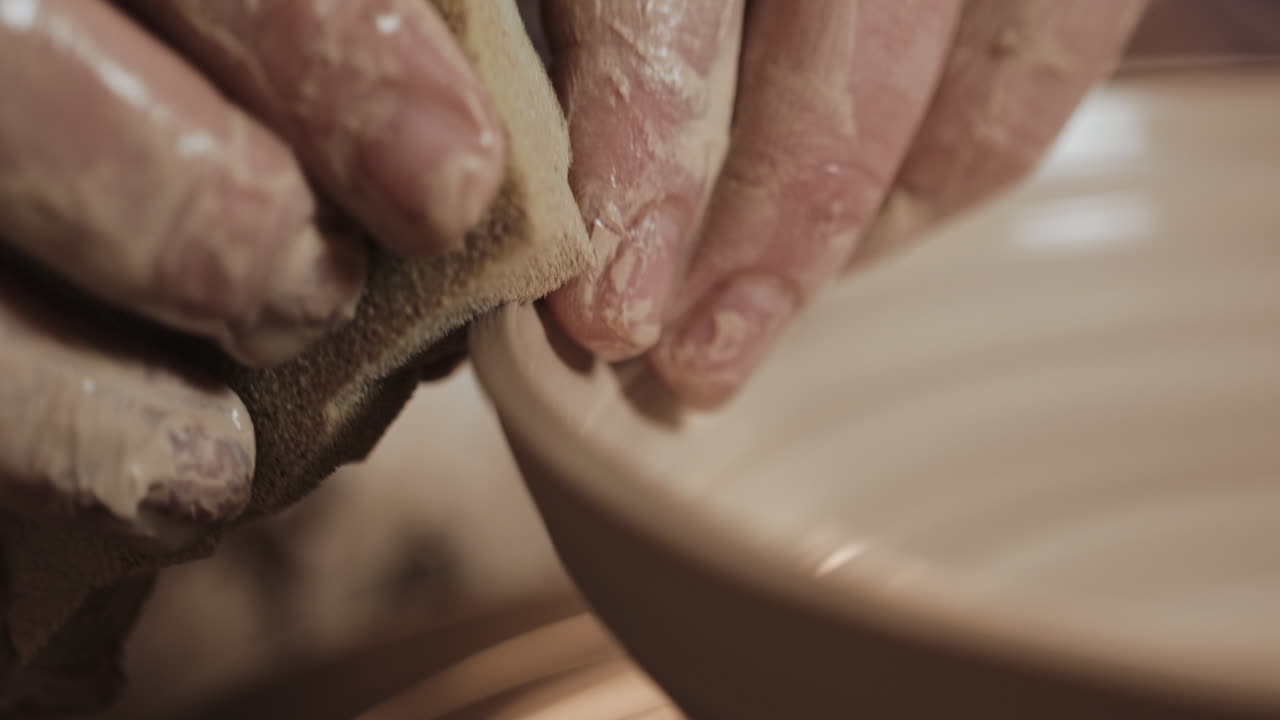 Close-up of a potter smoothing a bowl
