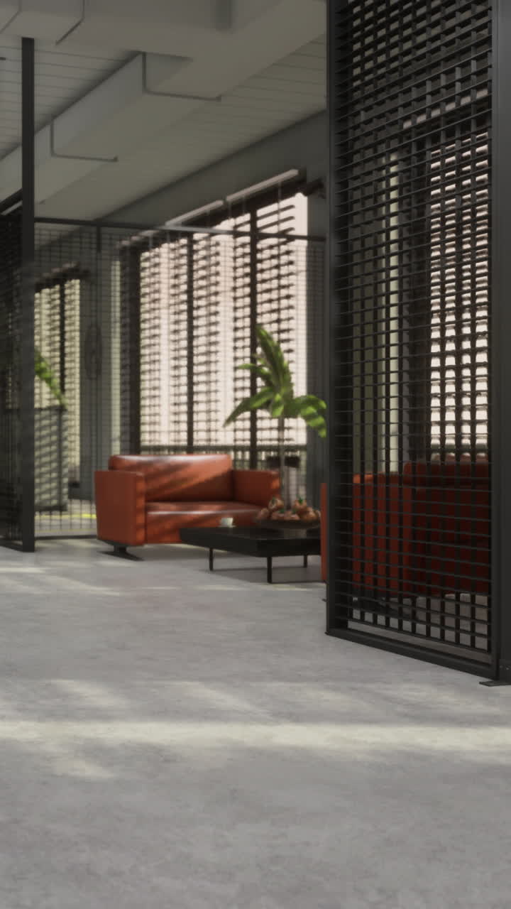Interior de oficina moderna con espacio abierto y elegantes zonas de asientos