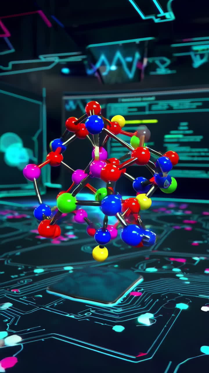 Colorful Molecular Structure on a Futuristic Circuit Board